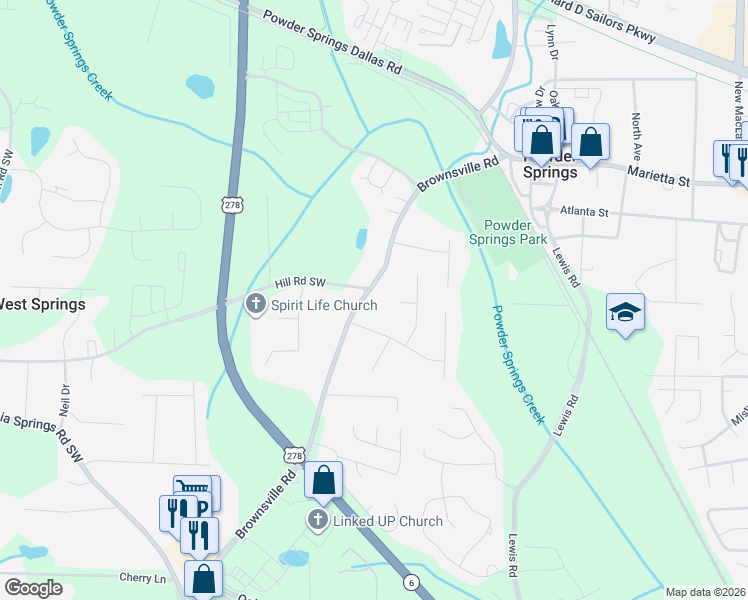 map of restaurants, bars, coffee shops, grocery stores, and more near 4169 Brownsville Road in Powder Springs