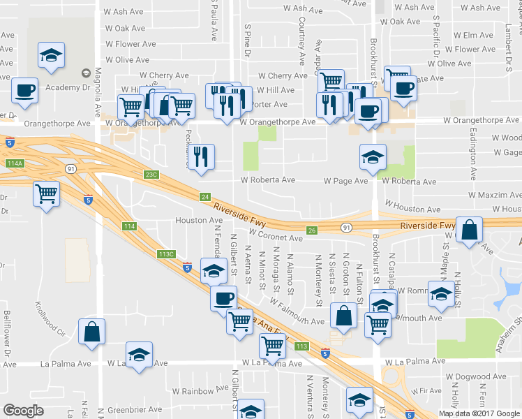 map of restaurants, bars, coffee shops, grocery stores, and more near 2130 West Houston Avenue in Fullerton