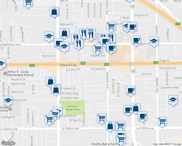 map of restaurants, bars, coffee shops, grocery stores, and more near 7441 El Camino Circle in Buena Park