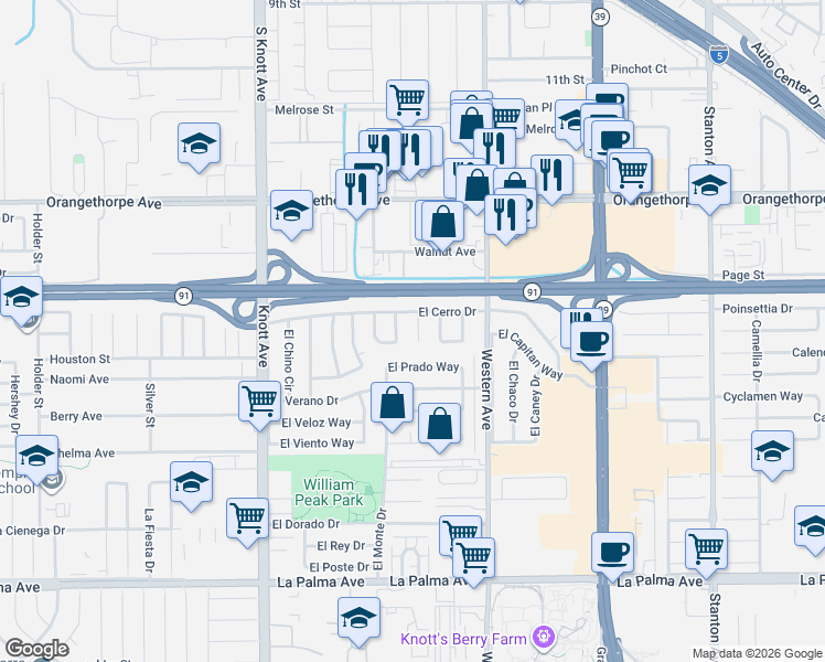 map of restaurants, bars, coffee shops, grocery stores, and more near 7441 El Camino Circle in Buena Park