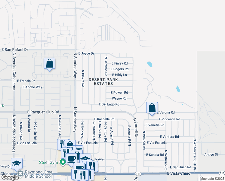 map of restaurants, bars, coffee shops, grocery stores, and more near 2155 East Bellamy Road in Palm Springs