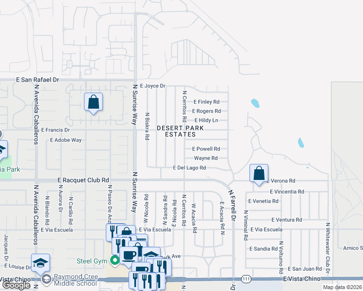 map of restaurants, bars, coffee shops, grocery stores, and more near in Palm Springs