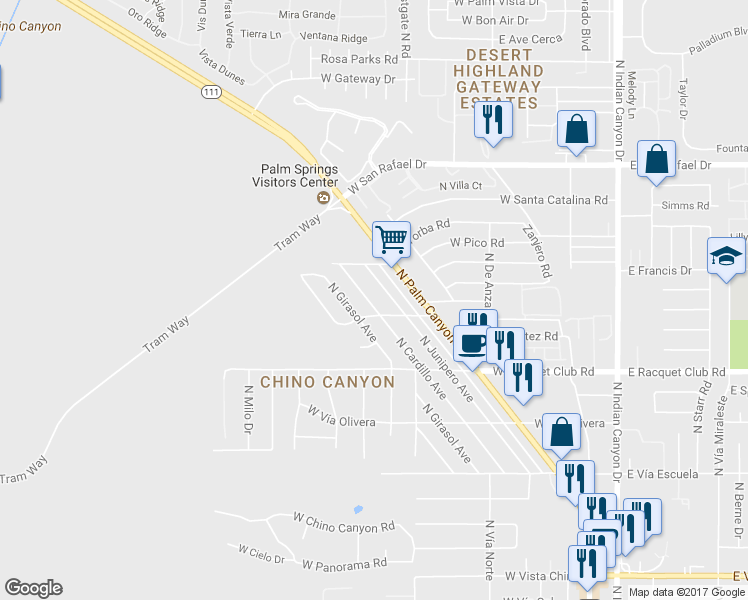map of restaurants, bars, coffee shops, grocery stores, and more near 2732 North Cardillo Avenue in Palm Springs