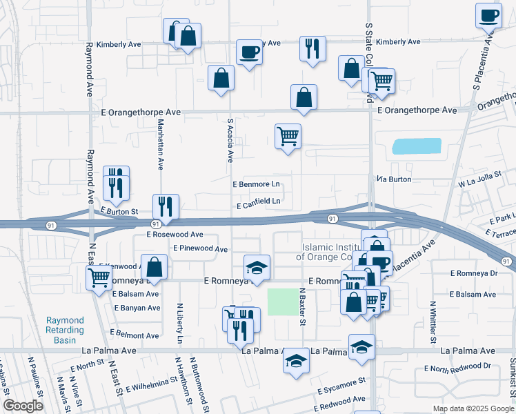 map of restaurants, bars, coffee shops, grocery stores, and more near 1521 East Canfield Lane in Anaheim