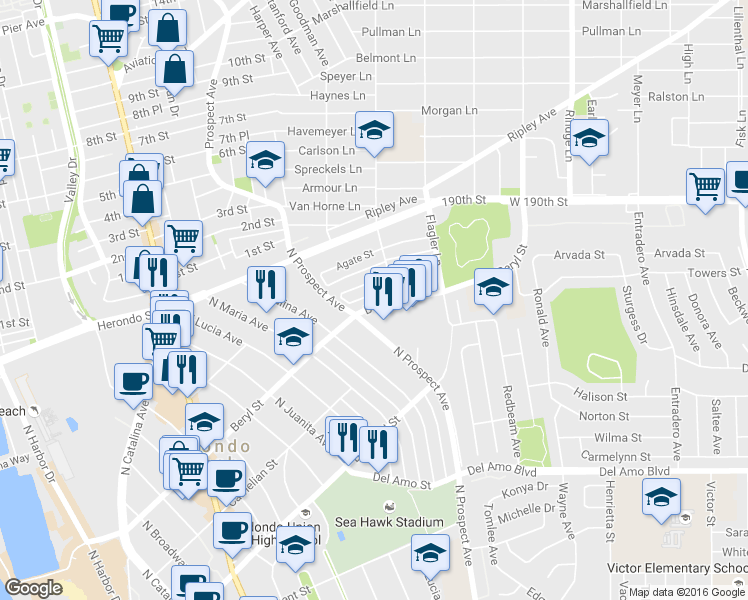map of restaurants, bars, coffee shops, grocery stores, and more near 1216 Amethyst Street in Redondo Beach