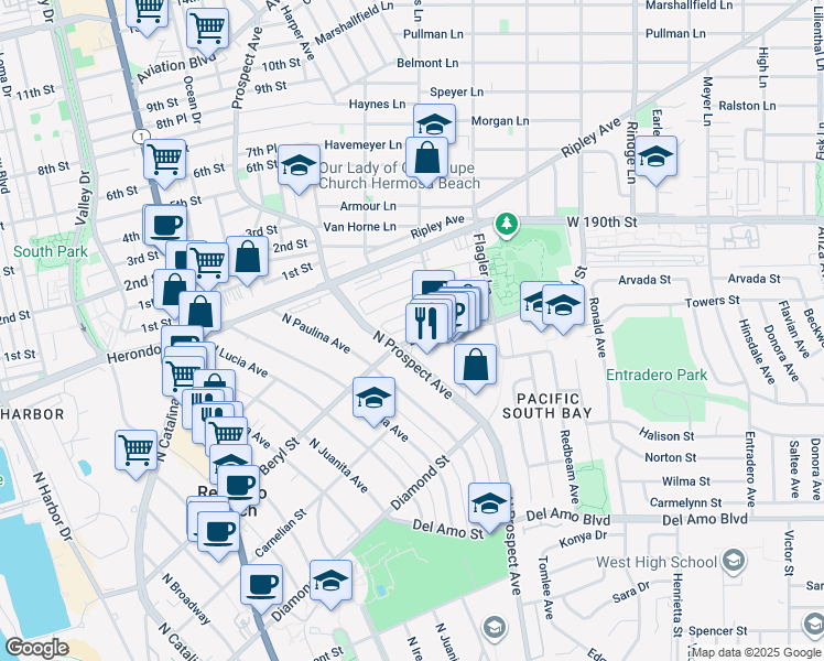 map of restaurants, bars, coffee shops, grocery stores, and more near 1216 Amethyst Street in Redondo Beach
