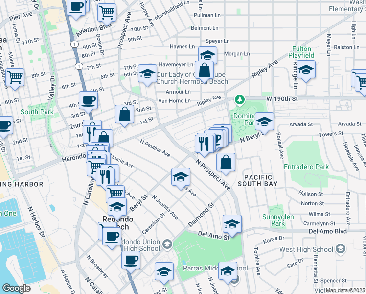 map of restaurants, bars, coffee shops, grocery stores, and more near 1201 Amethyst Street in Redondo Beach
