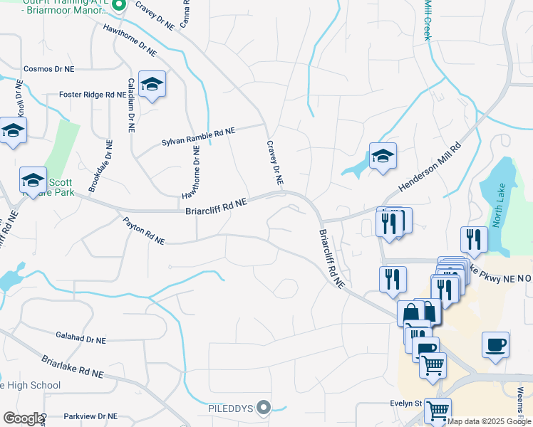 map of restaurants, bars, coffee shops, grocery stores, and more near 2865 Payton Oaks Drive in Atlanta