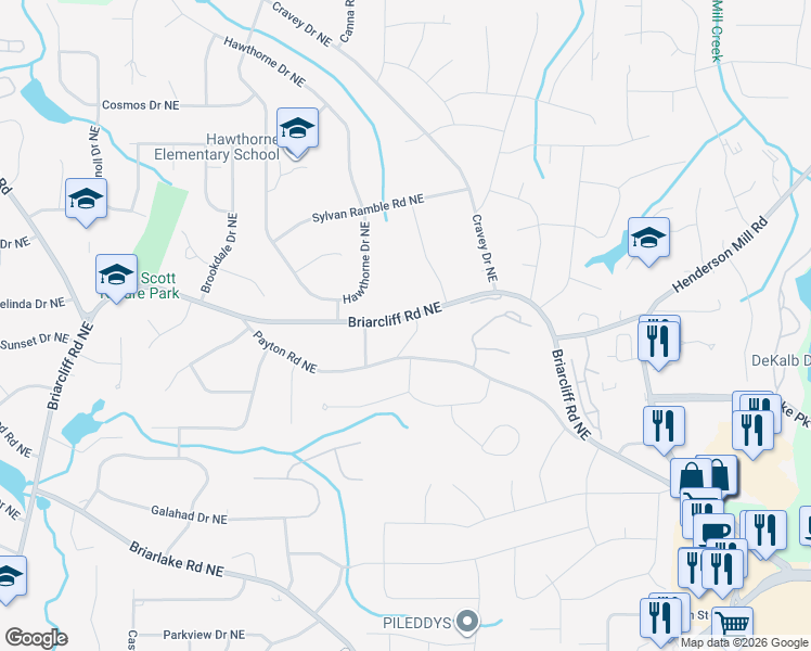 map of restaurants, bars, coffee shops, grocery stores, and more near 2376 Briarcrest Trail Northeast in Atlanta