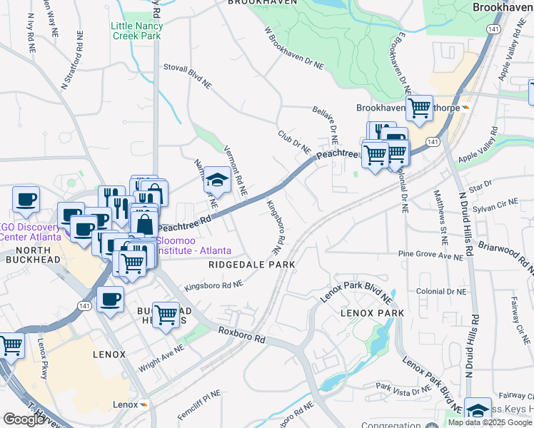 map of restaurants, bars, coffee shops, grocery stores, and more near 3674 Kingsboro Road Northeast in Atlanta