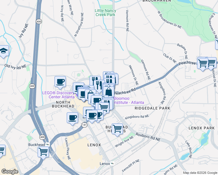 map of restaurants, bars, coffee shops, grocery stores, and more near 3680 Peachtree Dunwoody Road in Atlanta