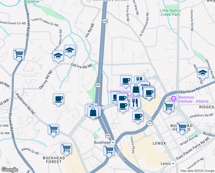 map of restaurants, bars, coffee shops, grocery stores, and more near 3684 North Stratford Road Northeast in Atlanta