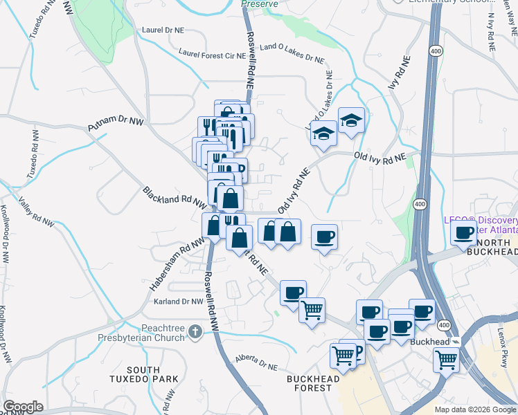 map of restaurants, bars, coffee shops, grocery stores, and more near 92 Old Ivy Road Northeast in Atlanta