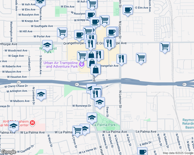 map of restaurants, bars, coffee shops, grocery stores, and more near 1620 South Harbor Boulevard in Fullerton