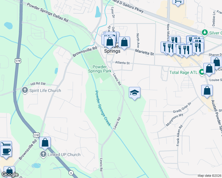 map of restaurants, bars, coffee shops, grocery stores, and more near 4436 Long Street in Powder Springs