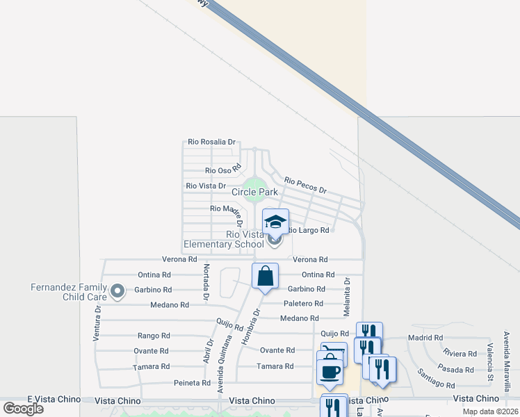 map of restaurants, bars, coffee shops, grocery stores, and more near 26600 Avenida Quintana in Cathedral City