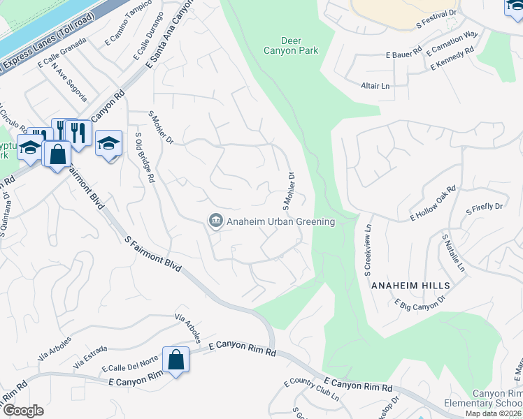 map of restaurants, bars, coffee shops, grocery stores, and more near 7650 East Corto Road in Anaheim