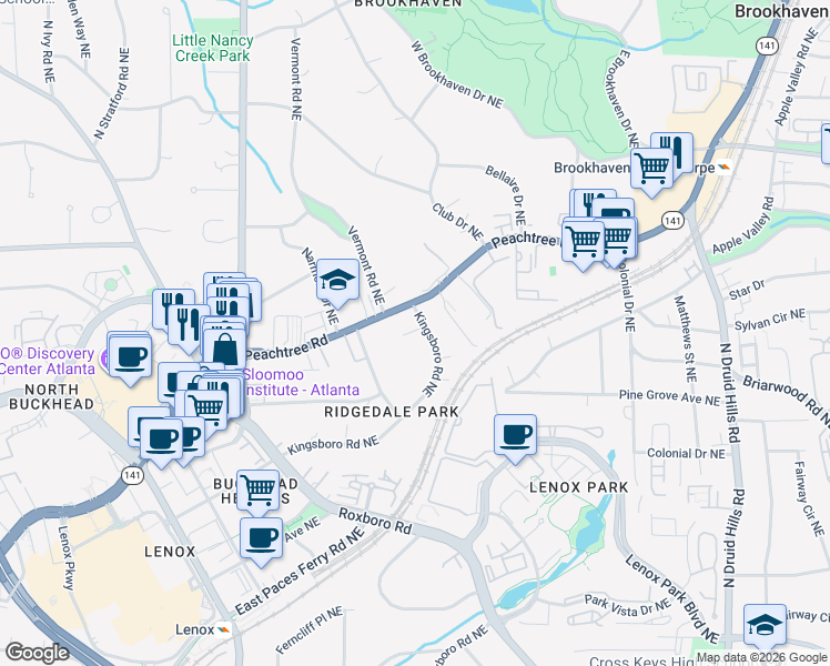 map of restaurants, bars, coffee shops, grocery stores, and more near 3674 Kingsboro Road Northeast in Atlanta