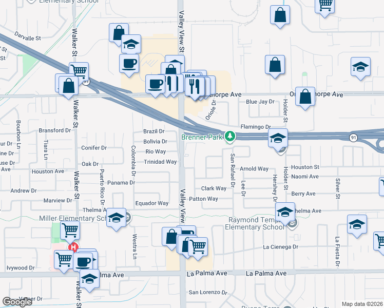 map of restaurants, bars, coffee shops, grocery stores, and more near 7425 Bradley Drive in Buena Park