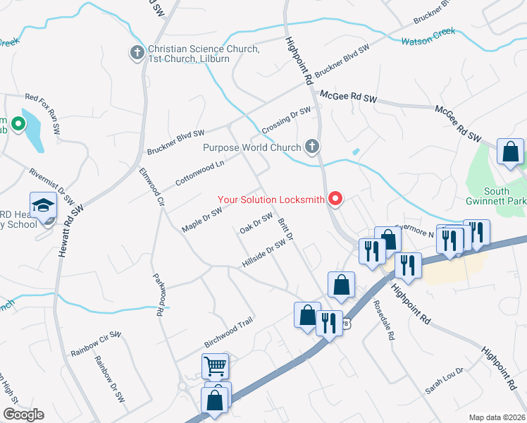 map of restaurants, bars, coffee shops, grocery stores, and more near 3317 Oak Drive Southwest in Snellville