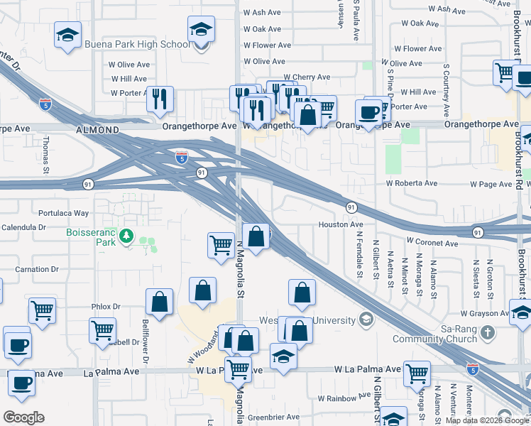 map of restaurants, bars, coffee shops, grocery stores, and more near 2600 West Picadilly Way in Anaheim