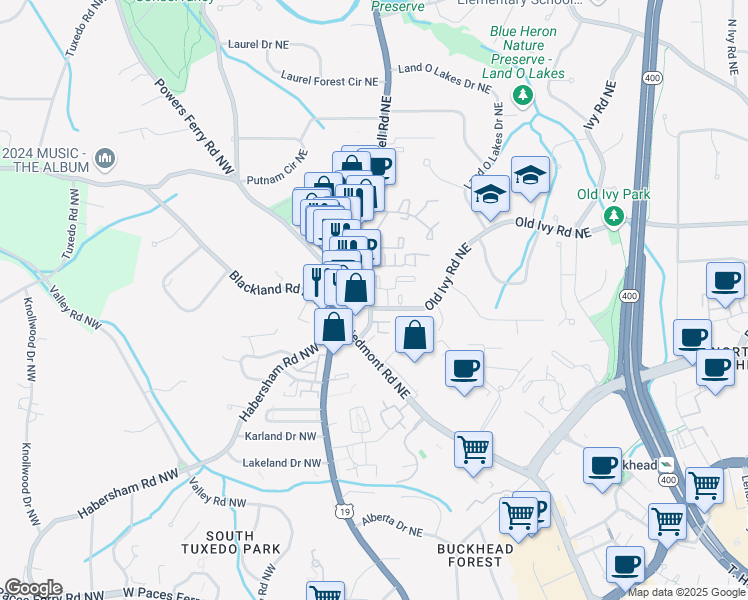map of restaurants, bars, coffee shops, grocery stores, and more near 50 Old Ivy Road Northeast in Atlanta