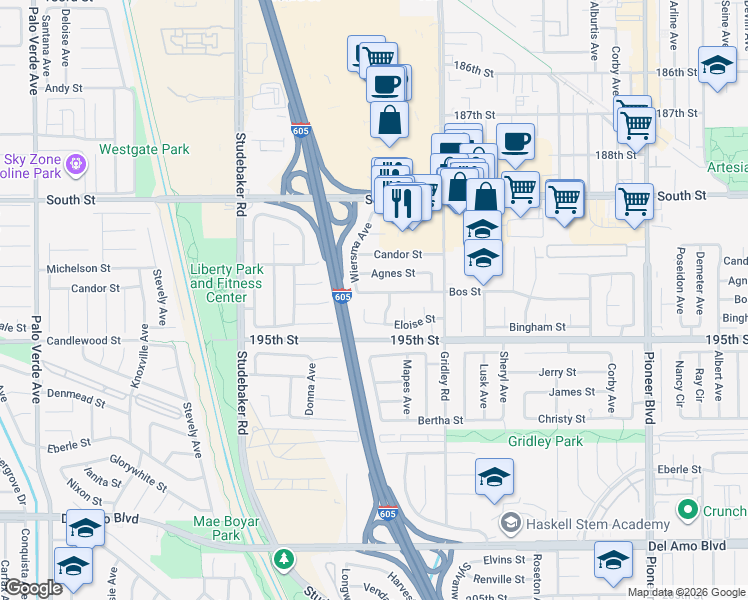 map of restaurants, bars, coffee shops, grocery stores, and more near 11239 Bos Street in Cerritos
