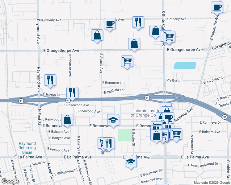 map of restaurants, bars, coffee shops, grocery stores, and more near 1540 East Canfield Lane in Anaheim