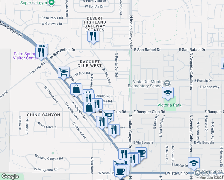 map of restaurants, bars, coffee shops, grocery stores, and more near 360 Cabrillo Road in Palm Springs