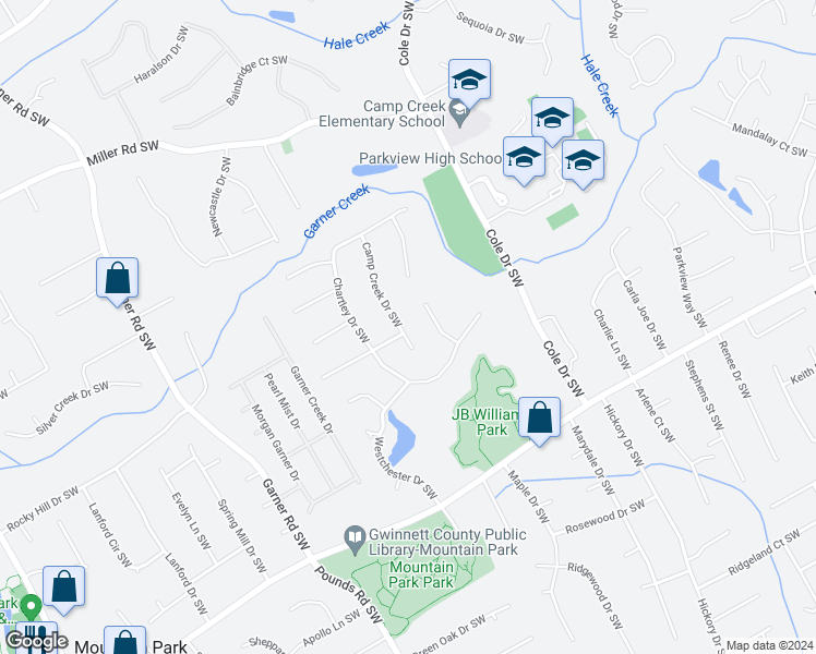 map of restaurants, bars, coffee shops, grocery stores, and more near 1024 Camp Creek Drive Southwest in Lilburn