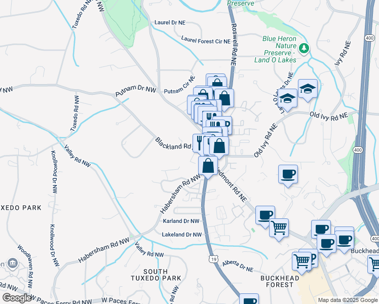 map of restaurants, bars, coffee shops, grocery stores, and more near 16 Blackland Road Northwest in Atlanta