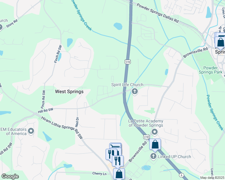 map of restaurants, bars, coffee shops, grocery stores, and more near 5067 Woodland Hills in Powder Springs