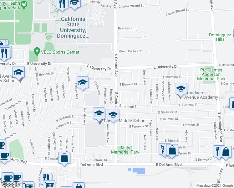 map of restaurants, bars, coffee shops, grocery stores, and more near 19414 South Central Avenue in Carson