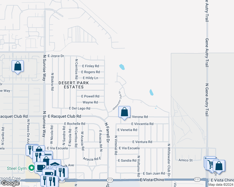 map of restaurants, bars, coffee shops, grocery stores, and more near 2675 North Whitewater Club Drive in Palm Springs