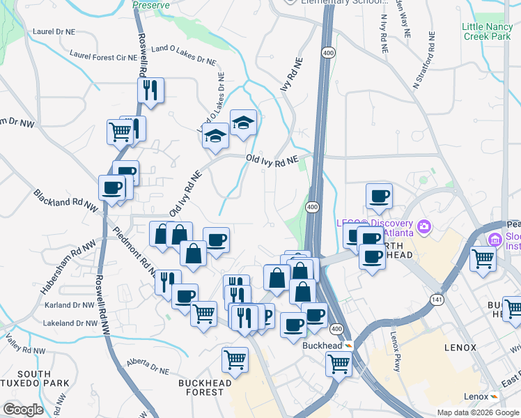 map of restaurants, bars, coffee shops, grocery stores, and more near 3652 Mayfair Road Northeast in Atlanta