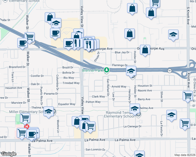 map of restaurants, bars, coffee shops, grocery stores, and more near 6165 Norstadt Way in Buena Park