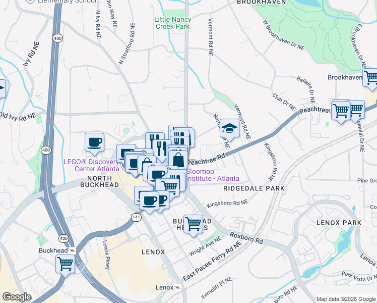 map of restaurants, bars, coffee shops, grocery stores, and more near 3680 Peachtree Dunwoody Road in Atlanta