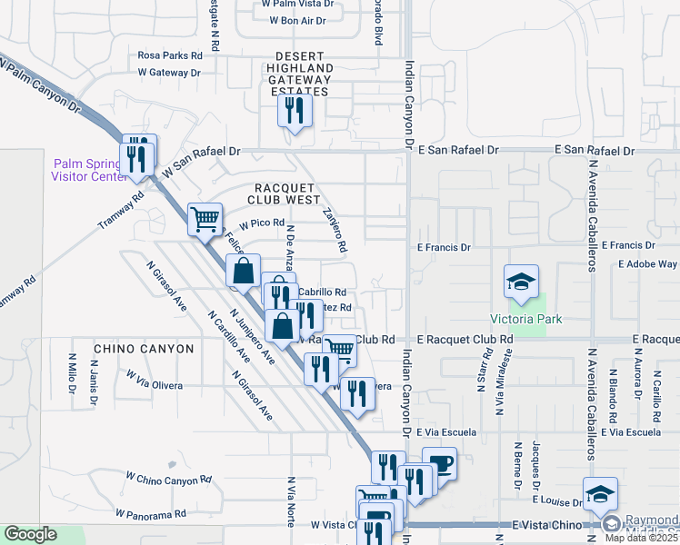 map of restaurants, bars, coffee shops, grocery stores, and more near 360 Cabrillo Road in Palm Springs