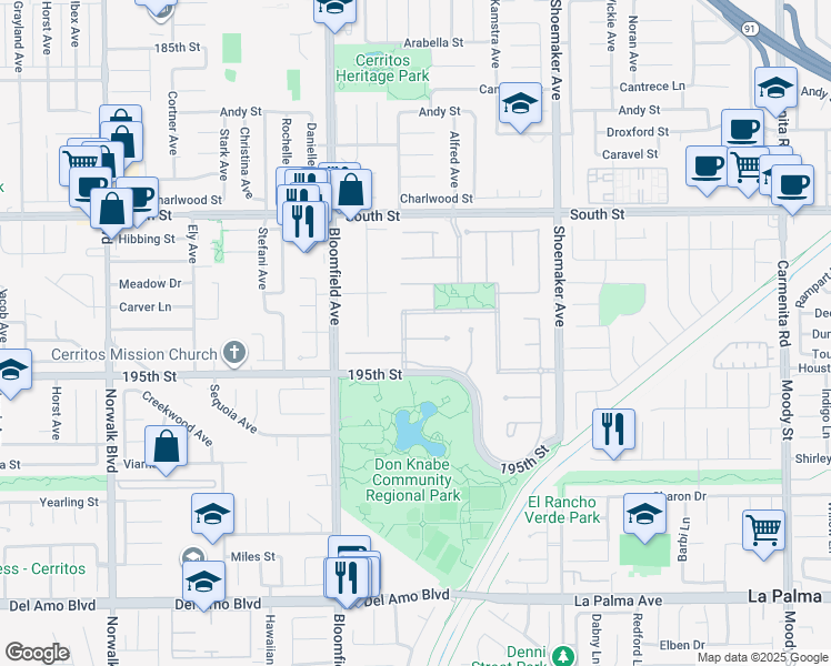 map of restaurants, bars, coffee shops, grocery stores, and more near 12711 Castleford Lane in Cerritos