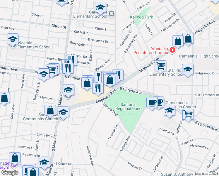 map of restaurants, bars, coffee shops, grocery stores, and more near 469 Magnolia Avenue in Corona