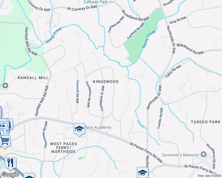 map of restaurants, bars, coffee shops, grocery stores, and more near 3646 Haddon Hall Road Northwest in Atlanta