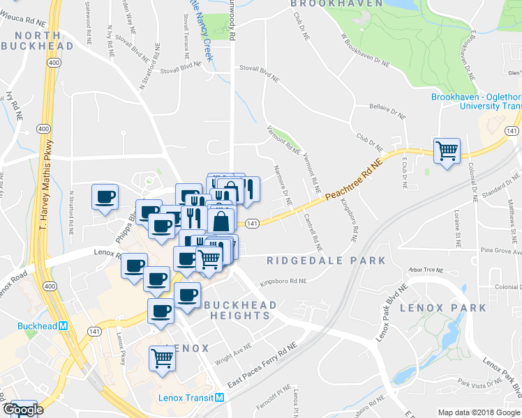 map of restaurants, bars, coffee shops, grocery stores, and more near 3669 Manor Brook Court North East in Atlanta