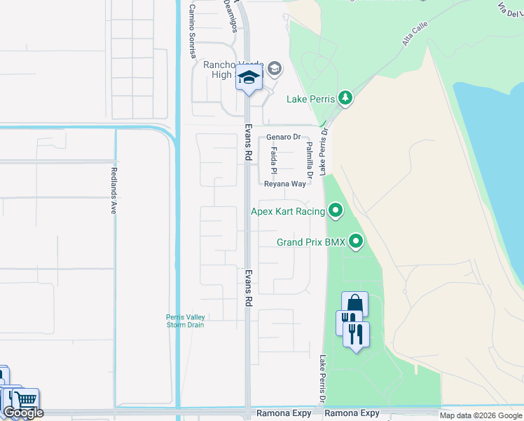 map of restaurants, bars, coffee shops, grocery stores, and more near 820 Volande Court in Perris