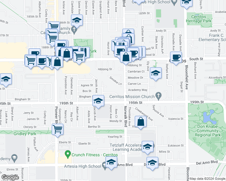 map of restaurants, bars, coffee shops, grocery stores, and more near 12109 Phoenix Drive in Cerritos
