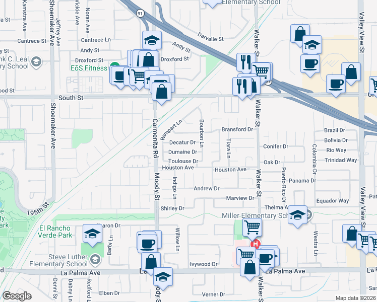 map of restaurants, bars, coffee shops, grocery stores, and more near 5161 Dumaine Drive in La Palma
