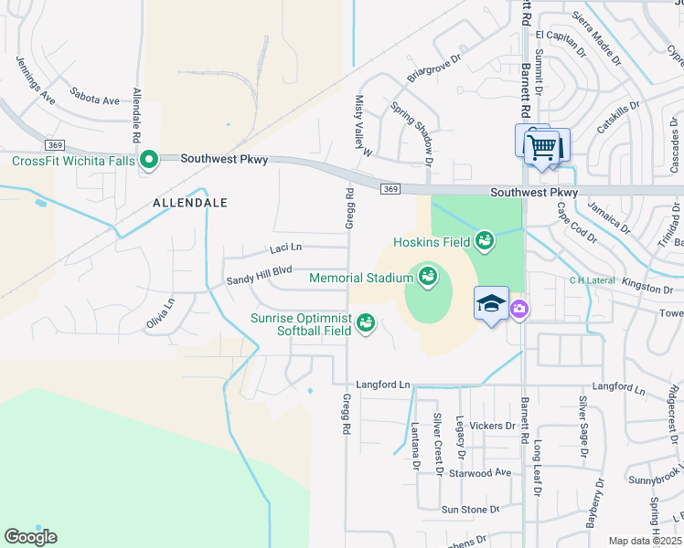 map of restaurants, bars, coffee shops, grocery stores, and more near 6001 Sandy Hill Boulevard in Wichita Falls