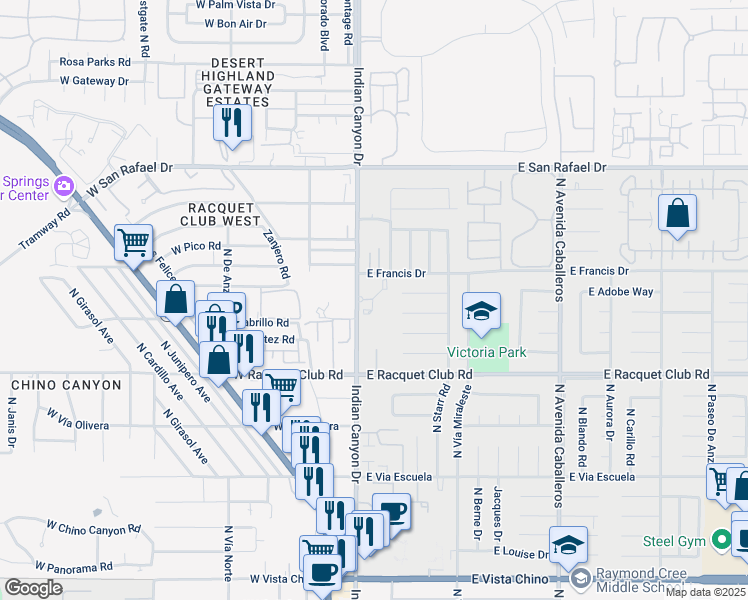 map of restaurants, bars, coffee shops, grocery stores, and more near 100 East Francis Drive in Palm Springs