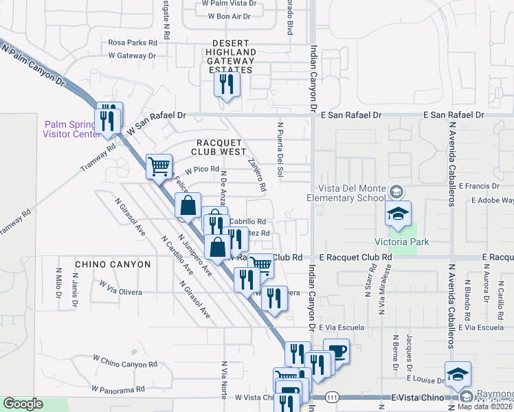 map of restaurants, bars, coffee shops, grocery stores, and more near 360 Cabrillo Road in Palm Springs