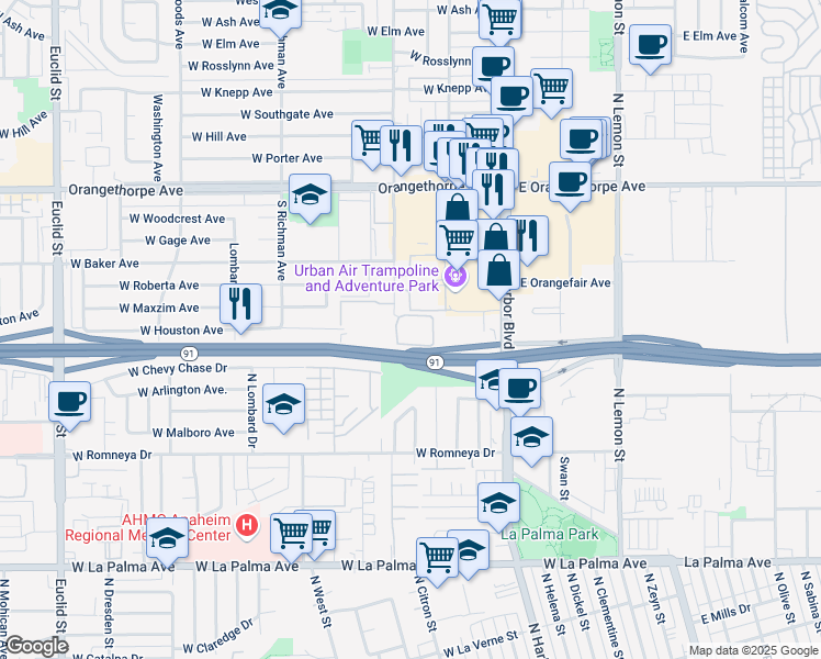 map of restaurants, bars, coffee shops, grocery stores, and more near 1570 South Highland Avenue in Fullerton