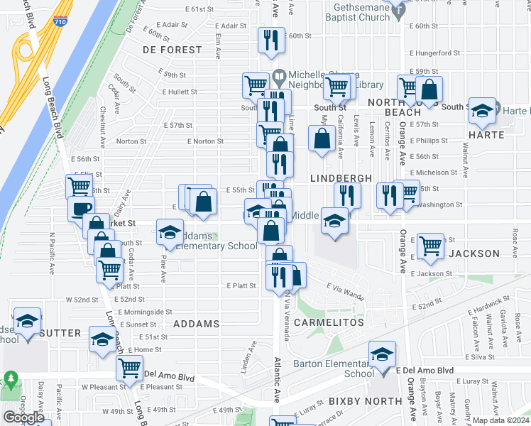 map of restaurants, bars, coffee shops, grocery stores, and more near 5437 Atlantic Avenue in Long Beach